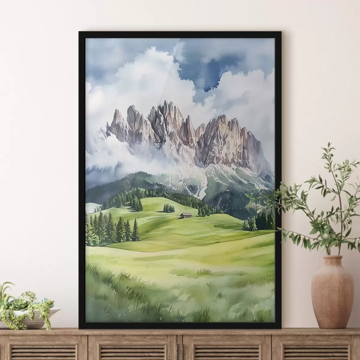 Poster Dolomiti, montagne alpine, Italia, paesaggio, acquerello f44601