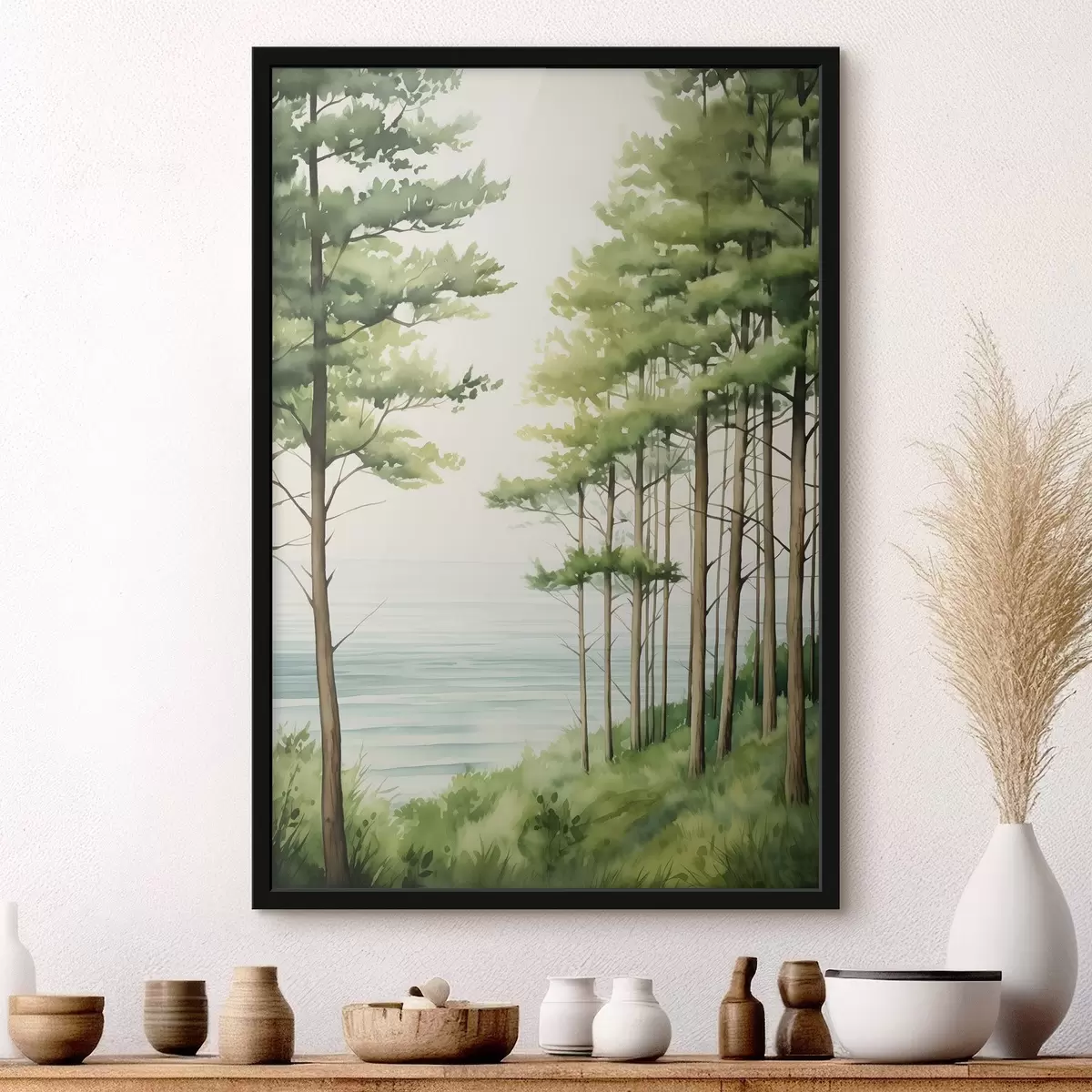 Poster Pineta verde vicino al mare, stile acquerello f44603