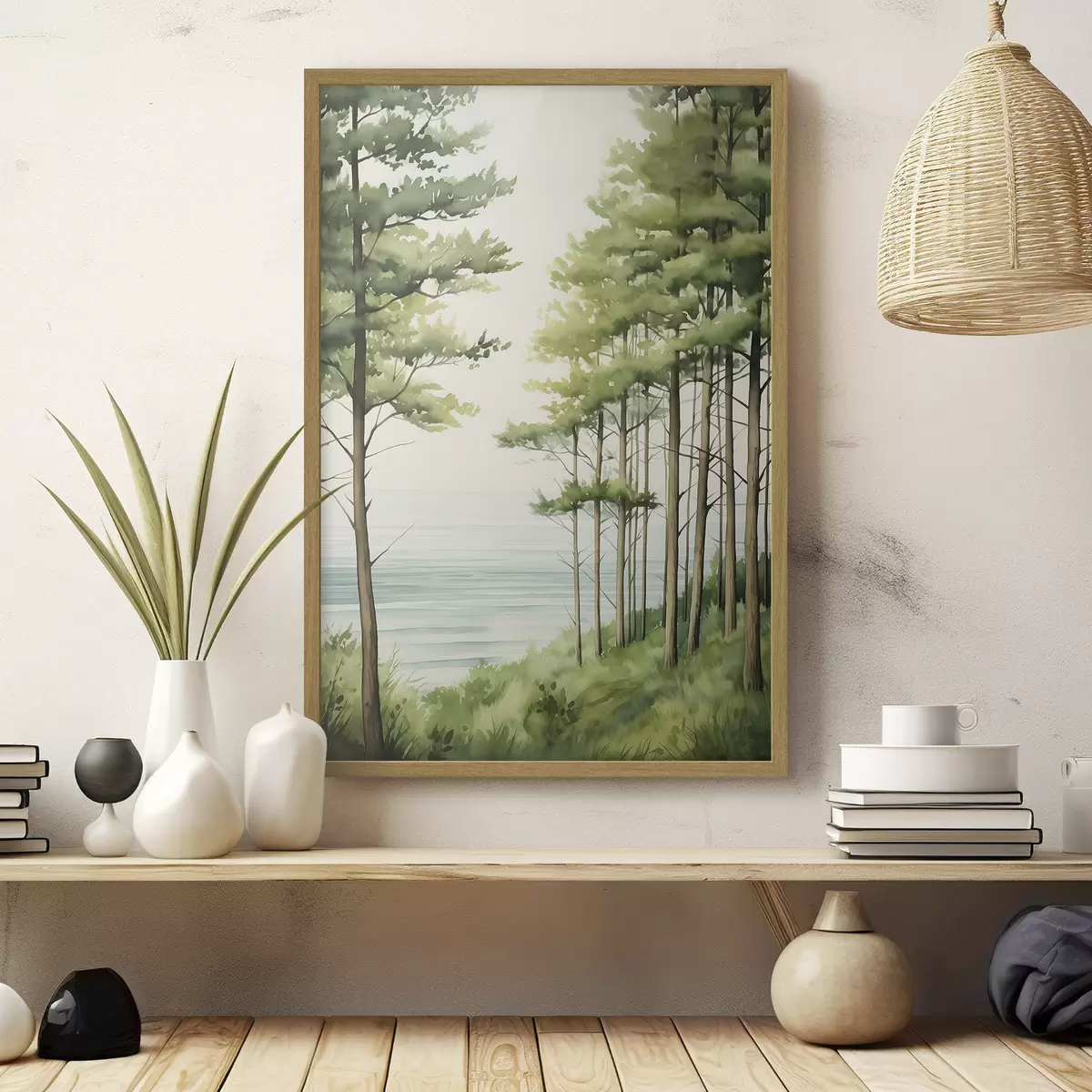 Poster Pineta verde vicino al mare, stile acquerello f44603