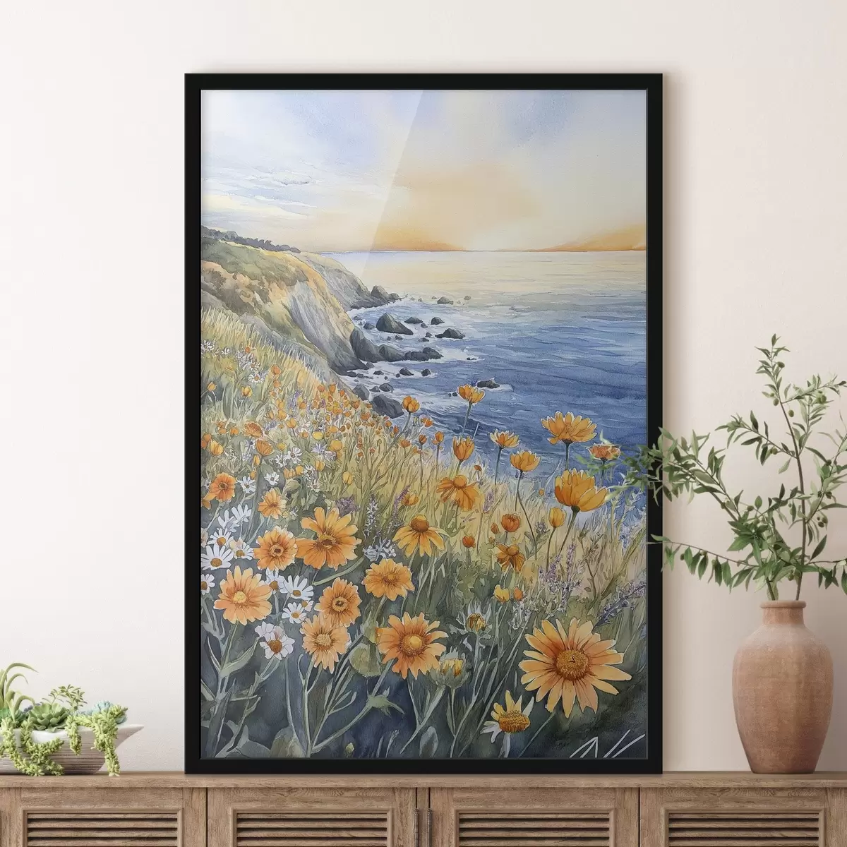 Poster Scogliera con fiori d'arancio, costa oceanica, Portogallo, stile acquerello f44604