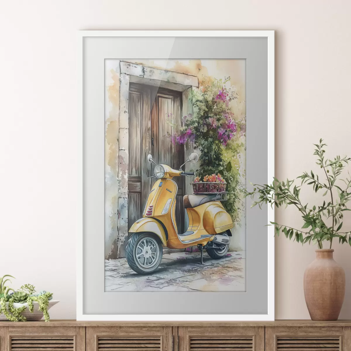 Poster Scooter giallo Vespa vicino a porta di legno con fiori f44607