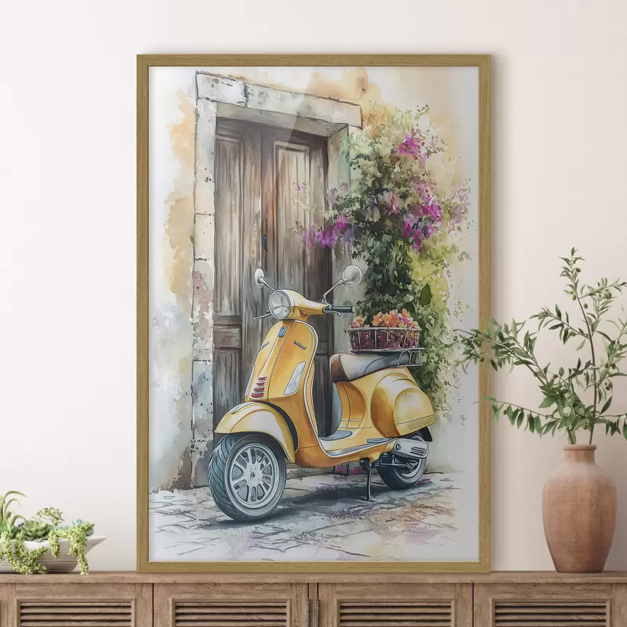 carta da parati Scooter giallo Vespa vicino a porta di legno con fiori nr. f44607
