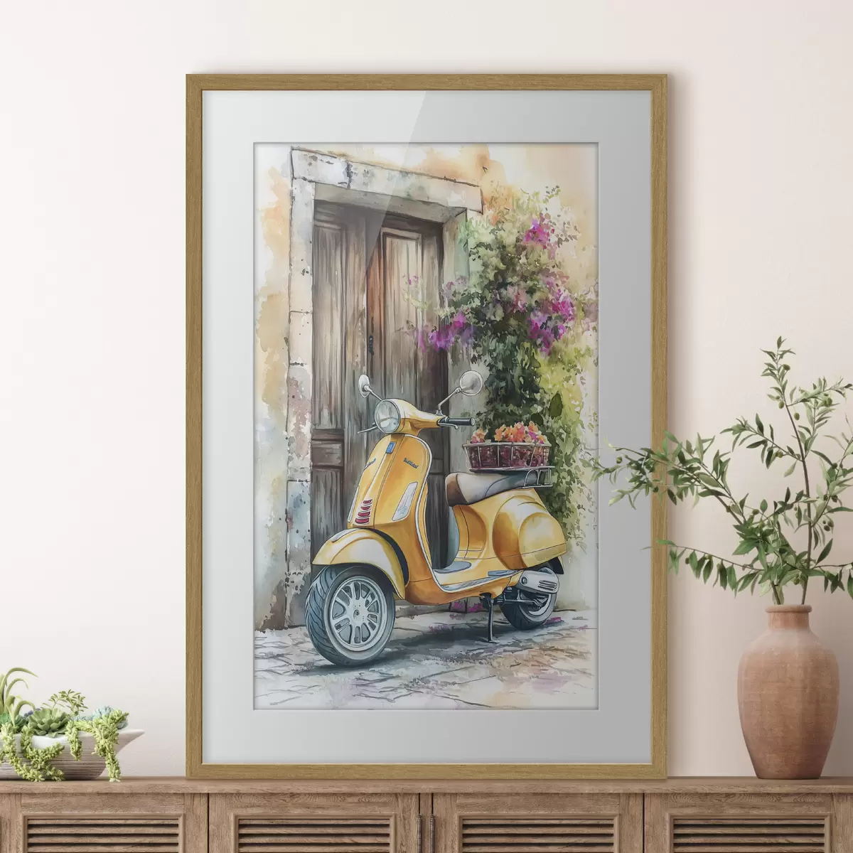 Poster Scooter giallo Vespa vicino a porta di legno con fiori f44607
