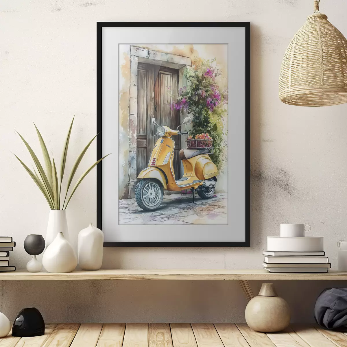 Poster Scooter giallo Vespa vicino a porta di legno con fiori f44607
