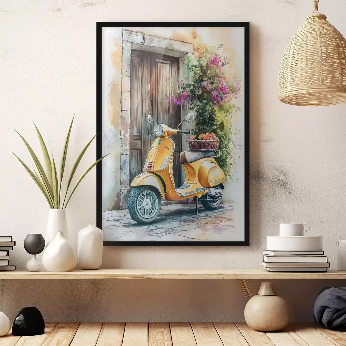 Poster Scooter giallo Vespa vicino a porta di legno con fiori f44607