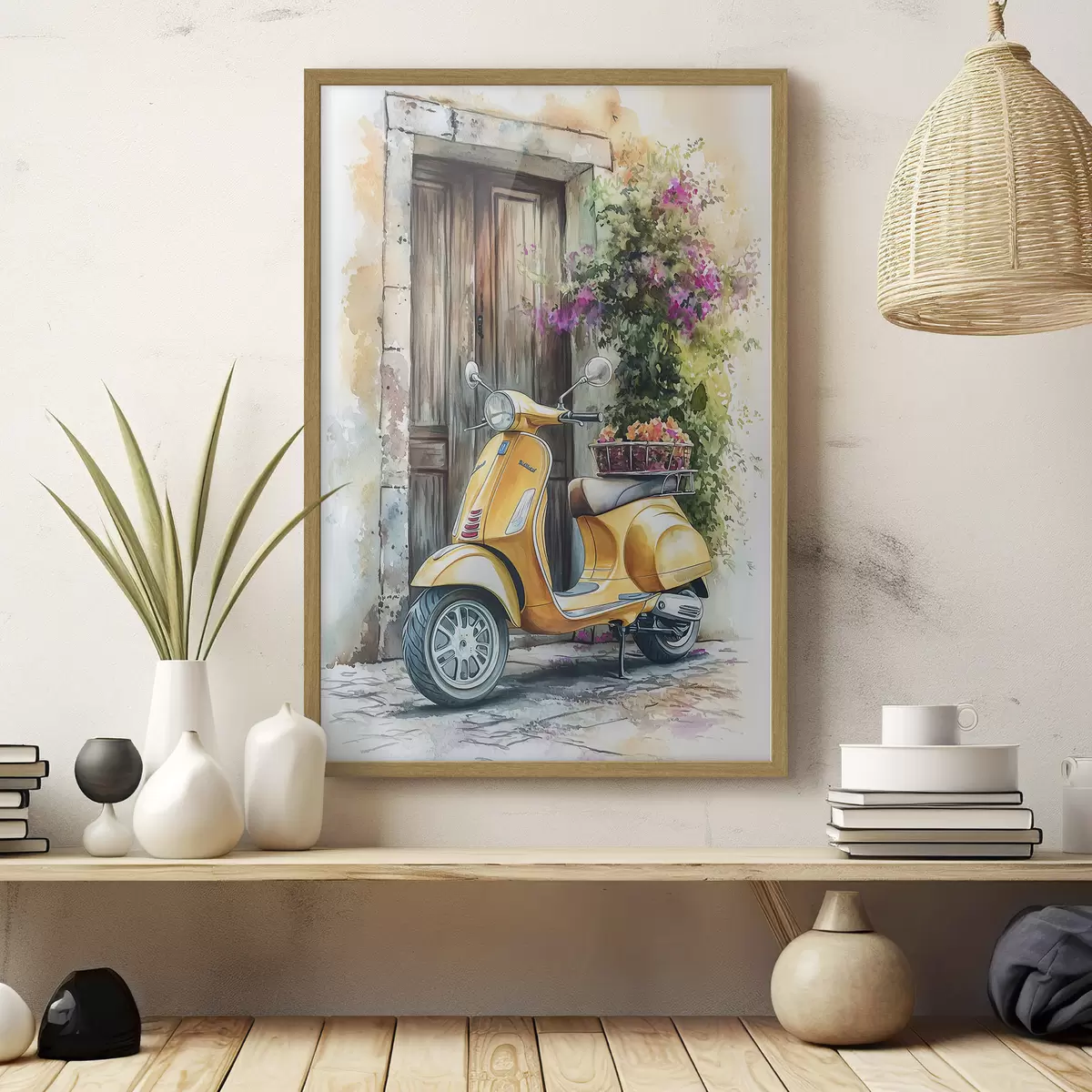 Poster Scooter giallo Vespa vicino a porta di legno con fiori f44607