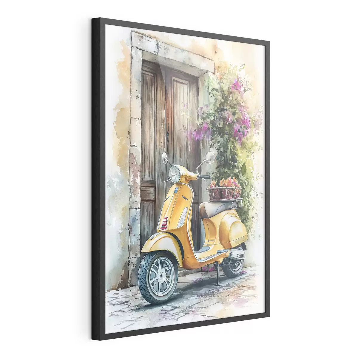Poster Scooter giallo Vespa vicino a porta di legno con fiori f44607