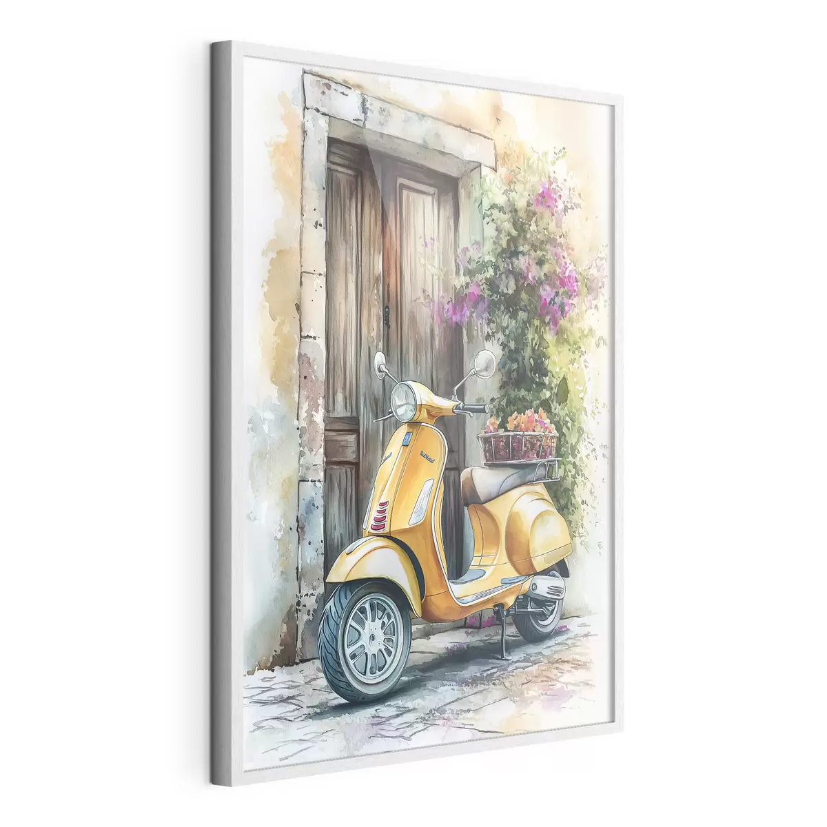 Poster Scooter giallo Vespa vicino a porta di legno con fiori f44607