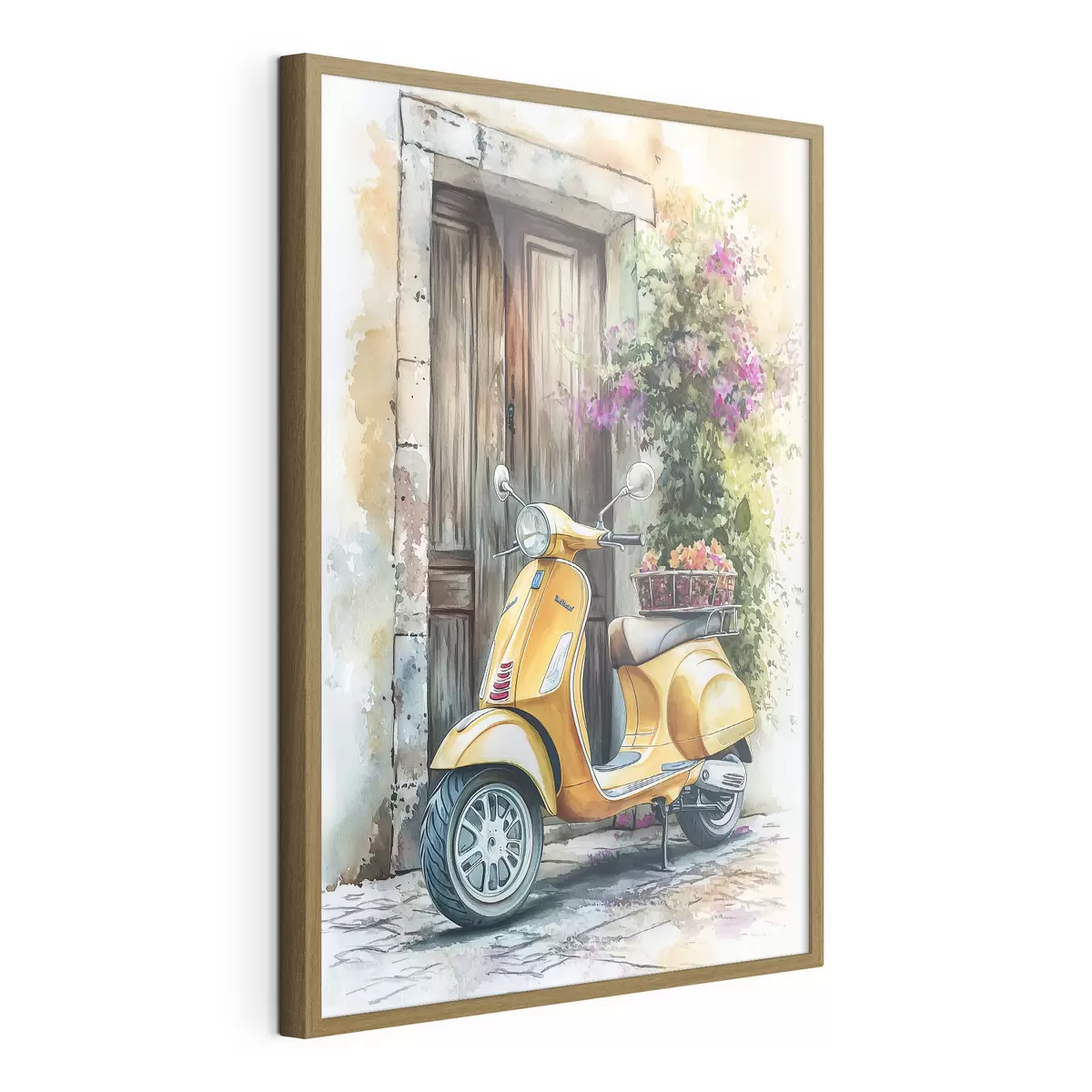 Poster Scooter giallo Vespa vicino a porta di legno con fiori f44607