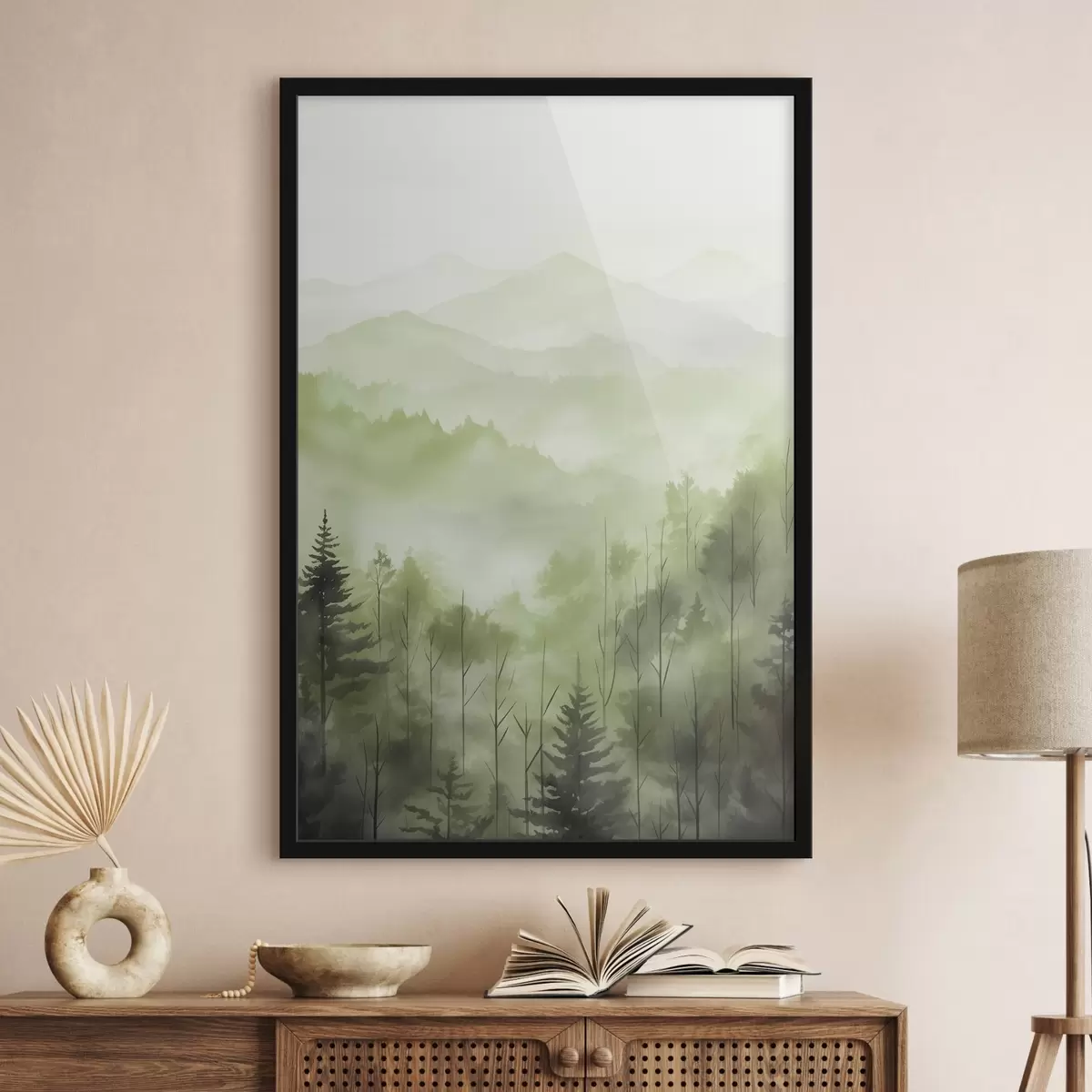 Poster Montagne con paesaggio forestale, colori verdi, stile acquerello f44606