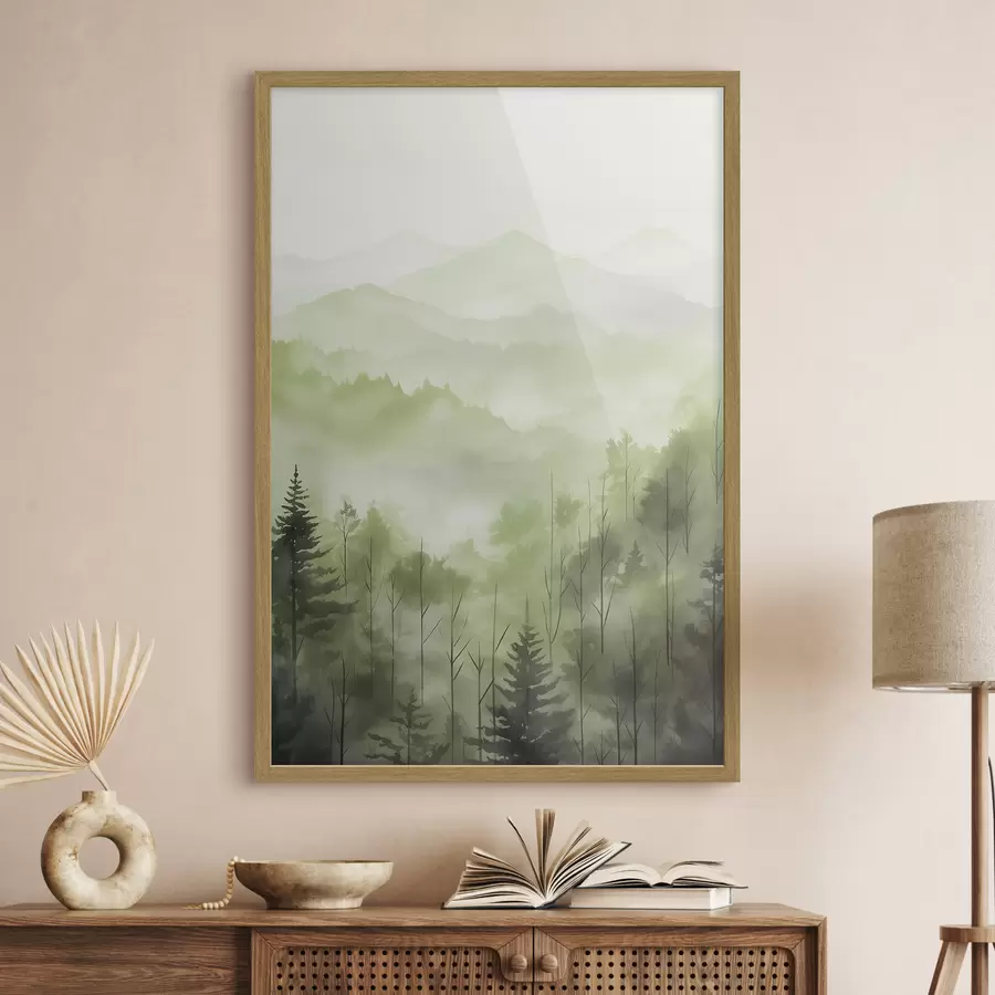 carta da parati Montagne con paesaggio forestale, colori verdi, stile acquerello nr. f44606