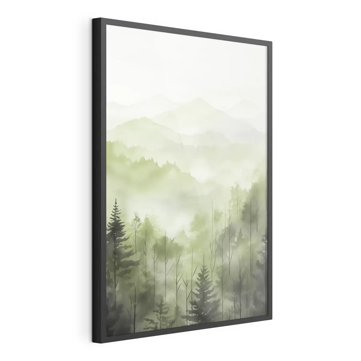 Poster Montagne con paesaggio forestale, colori verdi, stile acquerello f44606