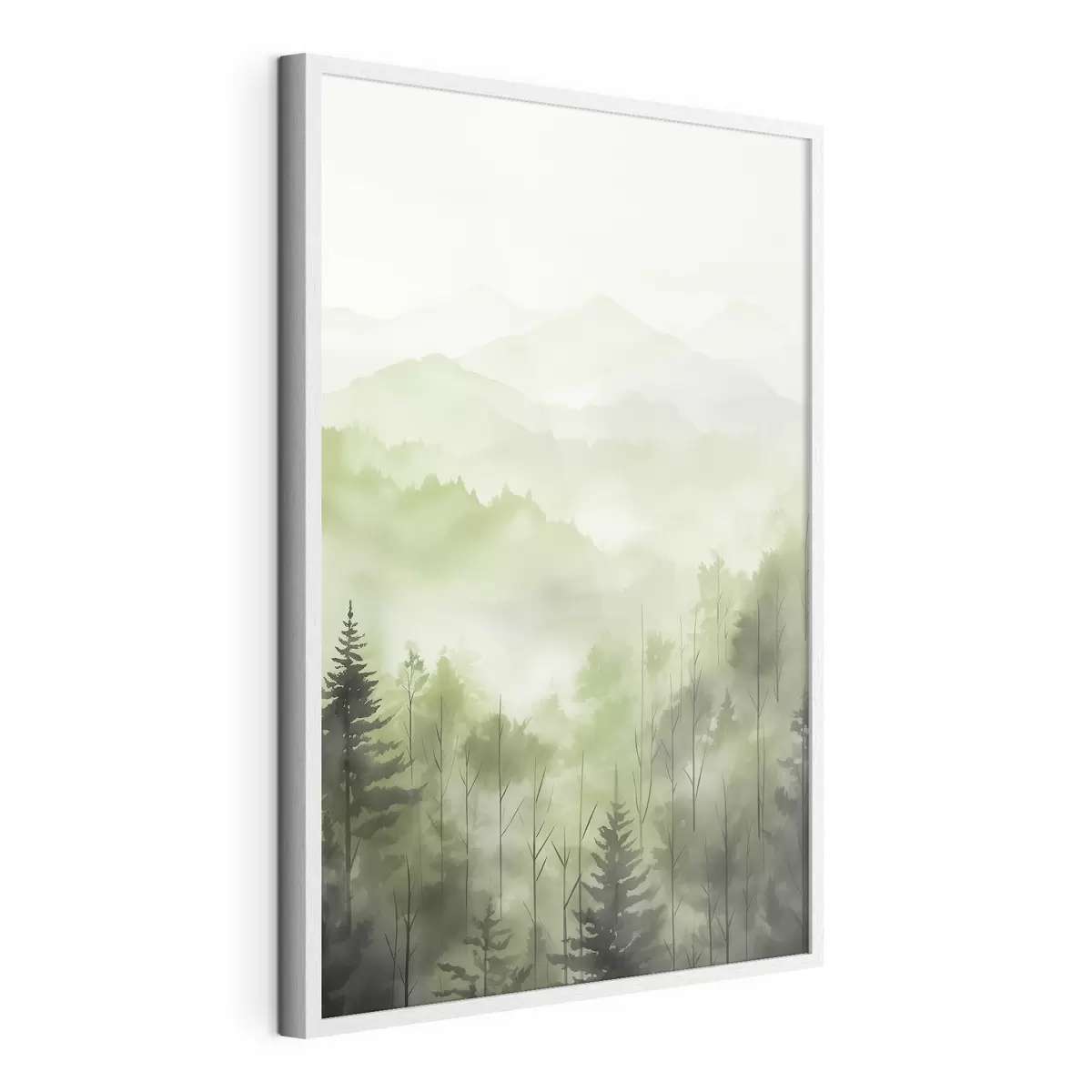 Poster Montagne con paesaggio forestale, colori verdi, stile acquerello f44606