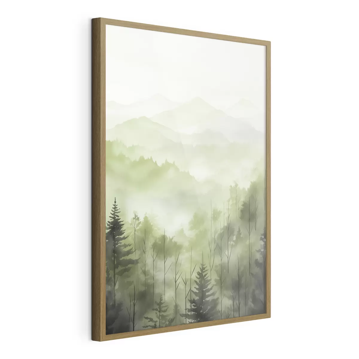 Poster Montagne con paesaggio forestale, colori verdi, stile acquerello f44606