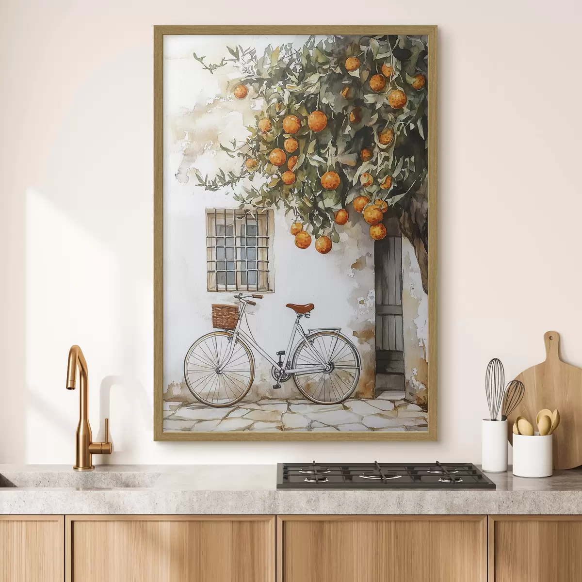Poster Casa bianca mediterranea con arancio e bicicletta f44610