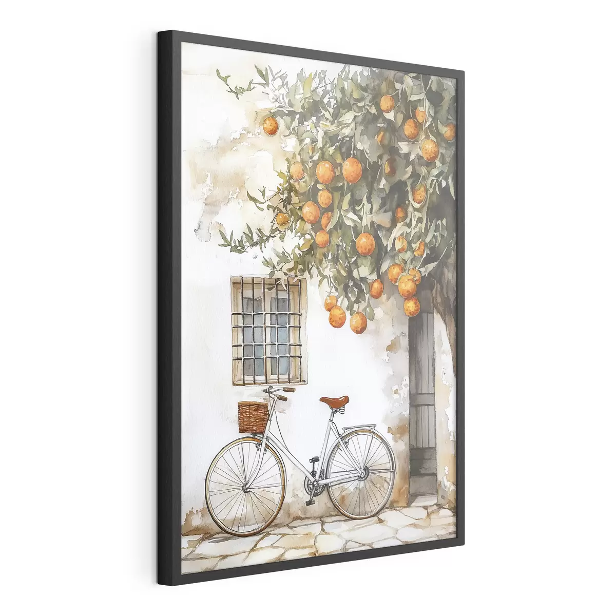 Poster Casa bianca mediterranea con arancio e bicicletta f44610
