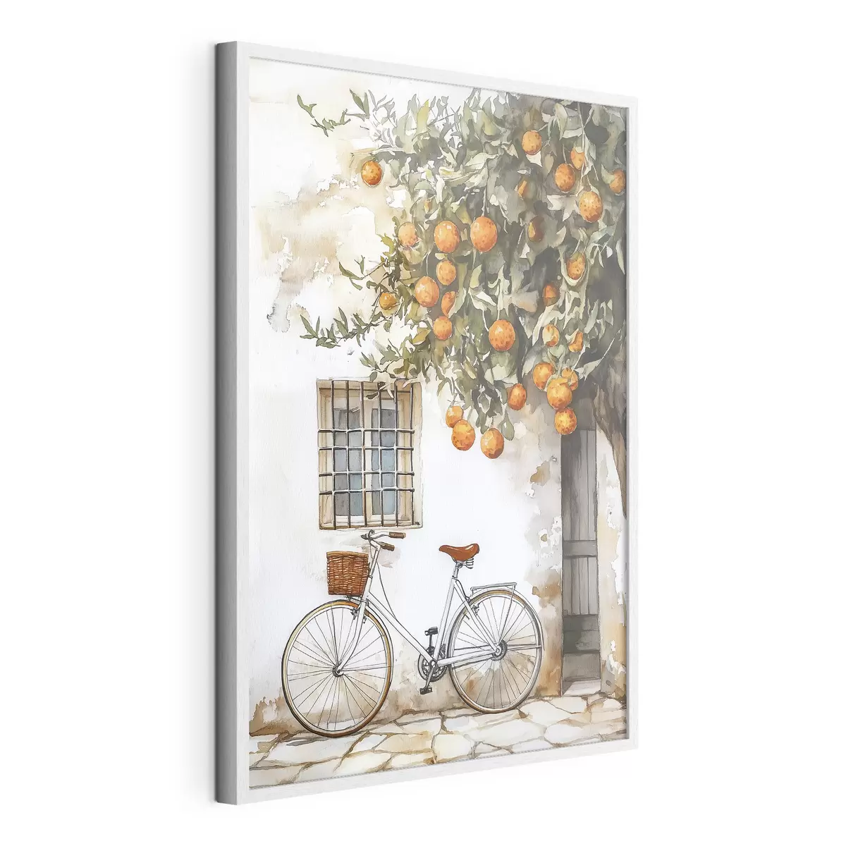 Poster Casa bianca mediterranea con arancio e bicicletta f44610