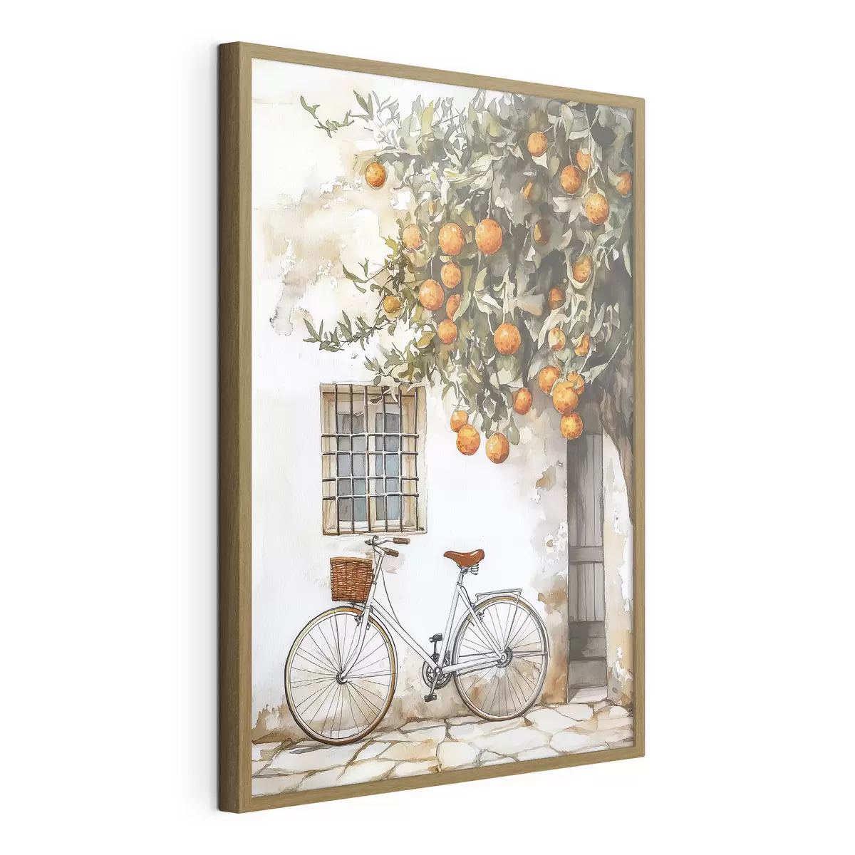 Poster Casa bianca mediterranea con arancio e bicicletta f44610