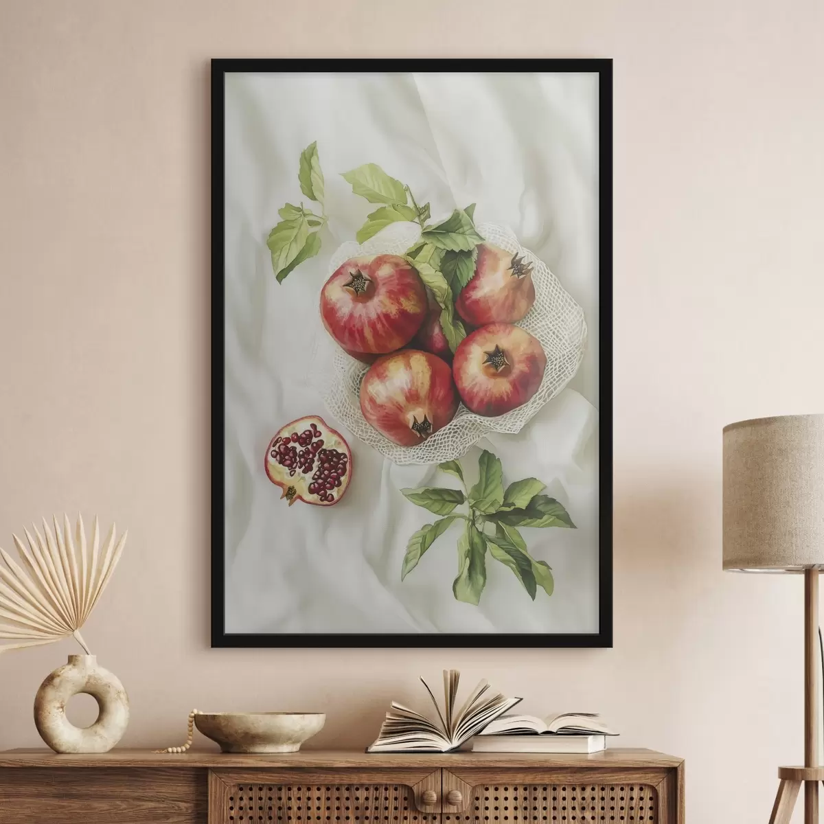 Poster Melograni con foglie di menta sulle tovaglie di lino, stile rustico f44611