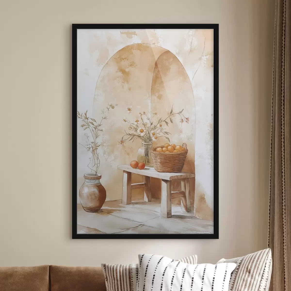 Poster Arco a muro con vaso antico, fiori di camomilla e cesto di arance f44613