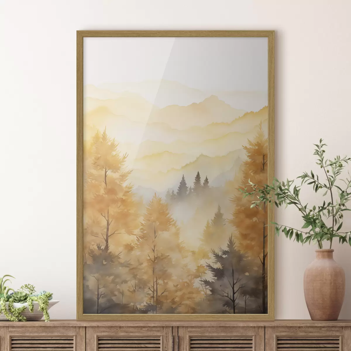 Poster Bella foresta autunnale con montagne sullo sfondo f44614