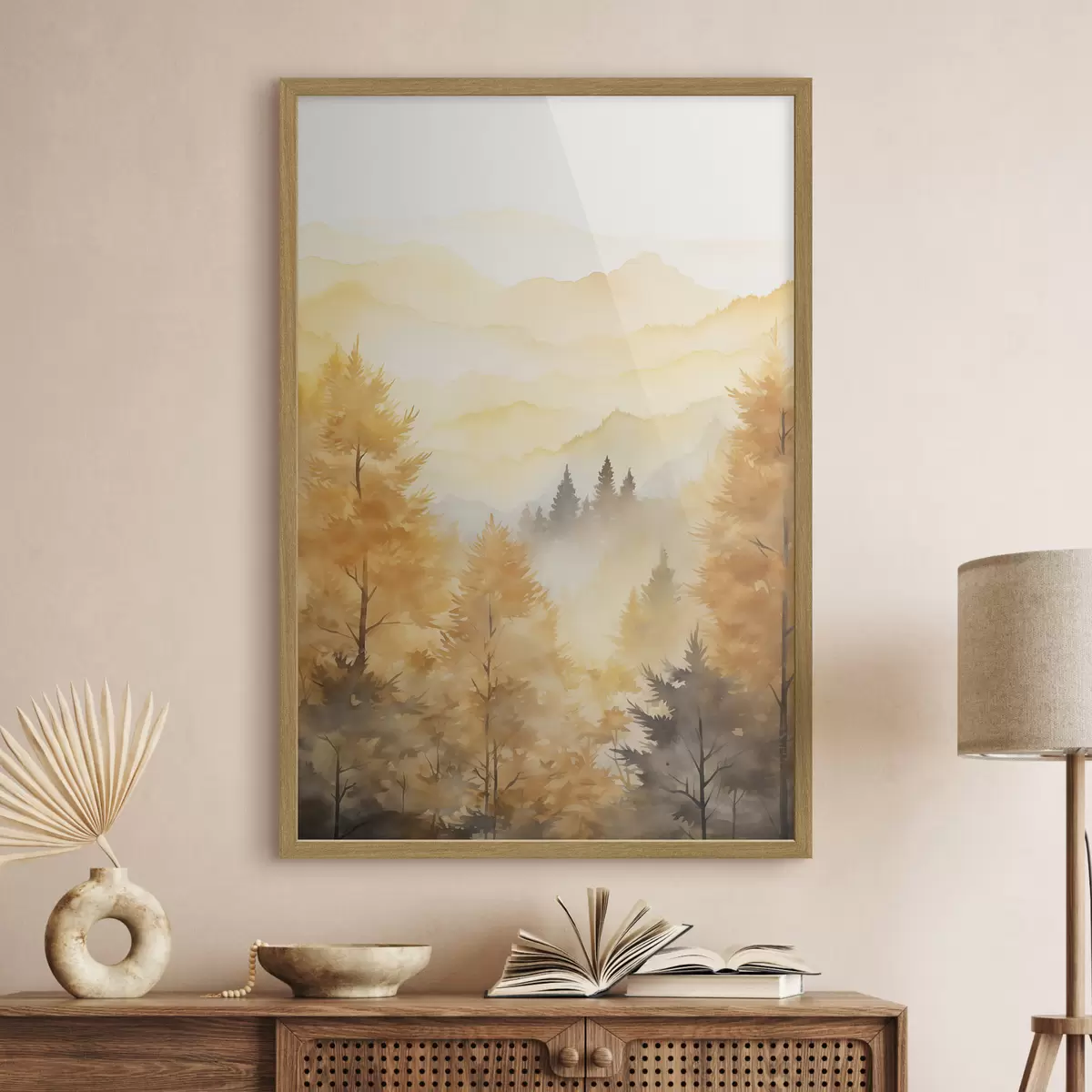 Poster Bella foresta autunnale con montagne sullo sfondo f44614