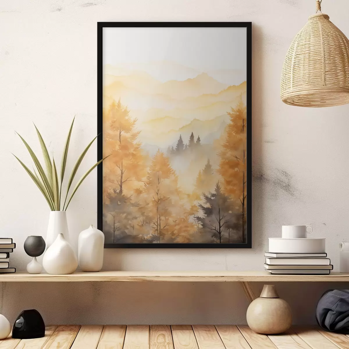 Poster Bella foresta autunnale con montagne sullo sfondo f44614