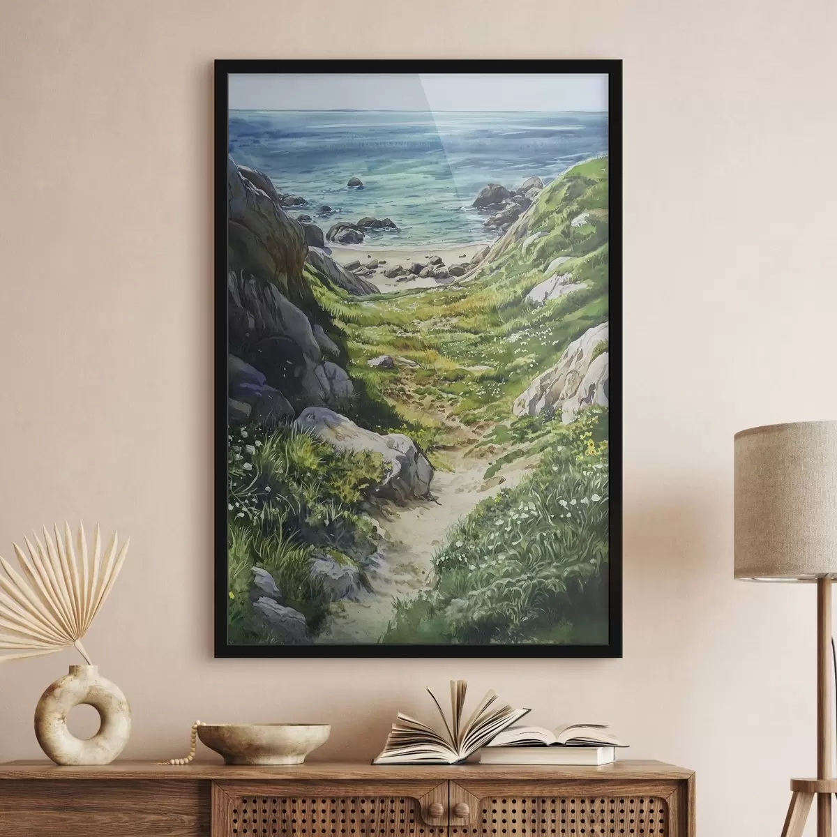 Poster Costa marina con rocce ed erba verde, stile acquerello, estate f44616