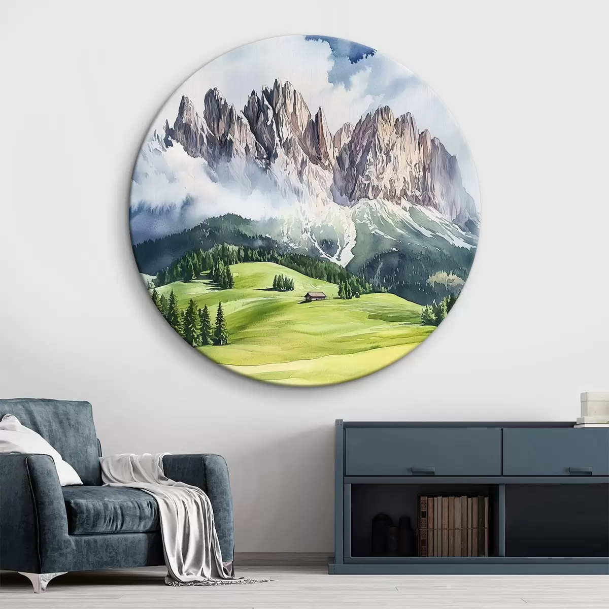 Quadri rotondi Dolomiti, montagne alpine, Italia, paesaggio, acquerello r44601