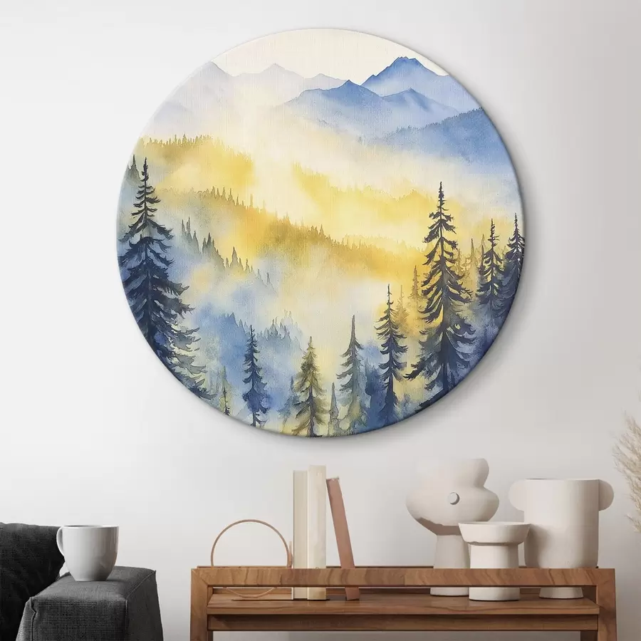 carta da parati Montagne nebbiose all'alba, foreste di pini, colori blu e giallo nr. r44602