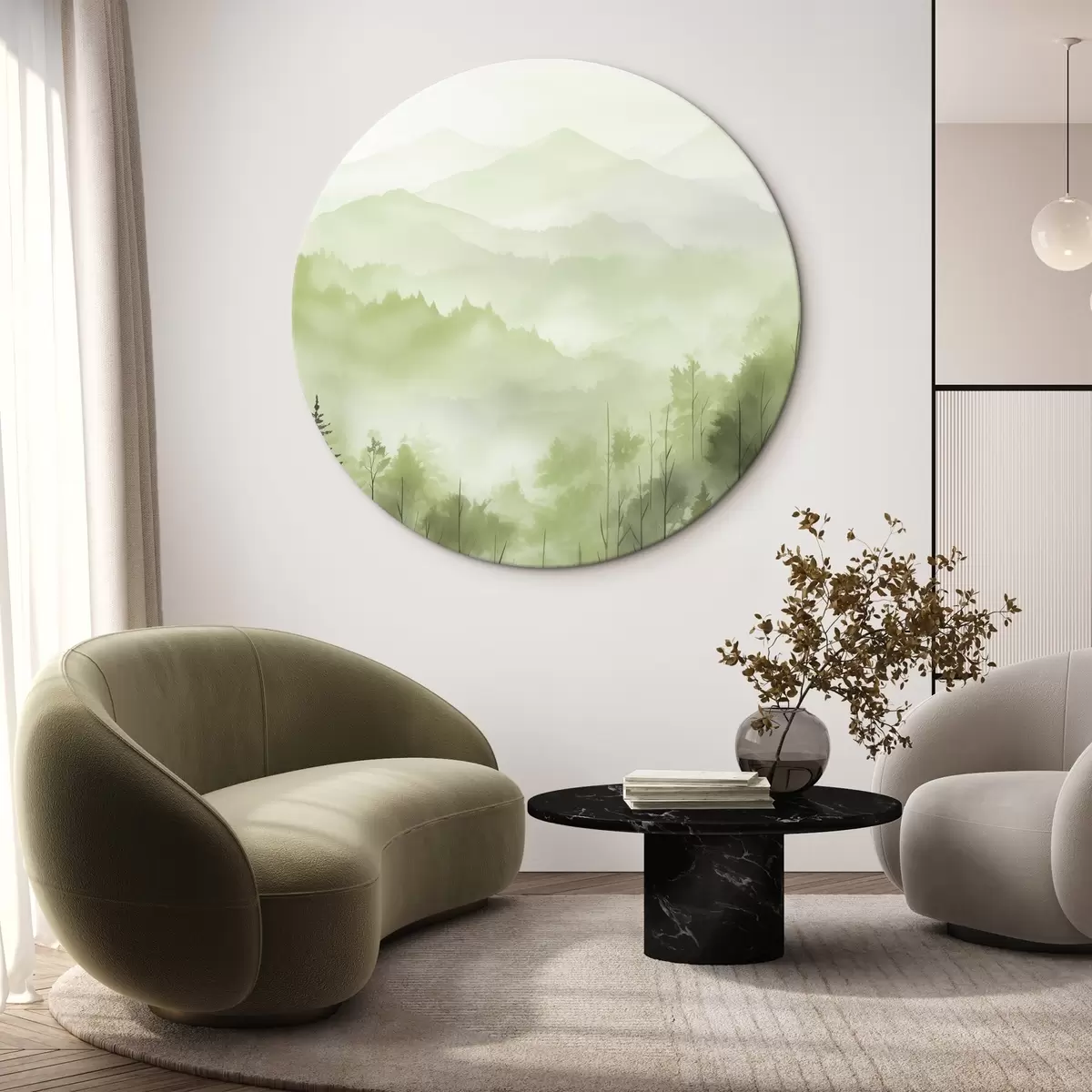 Quadri rotondi Montagne con paesaggio forestale, colori verdi, stile acquerello r44606