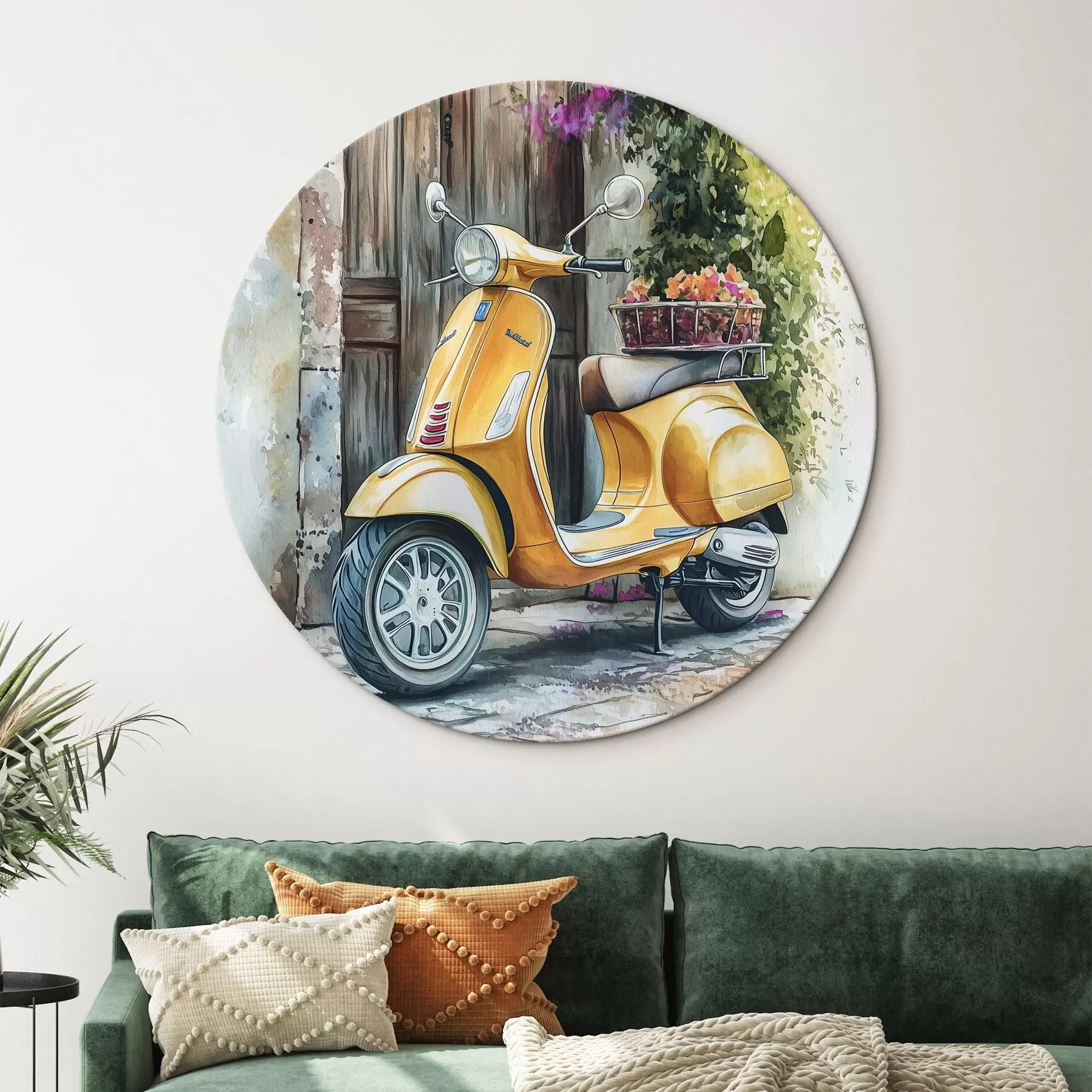 carta da parati Scooter giallo Vespa vicino a porta di legno con fiori nr. r44607