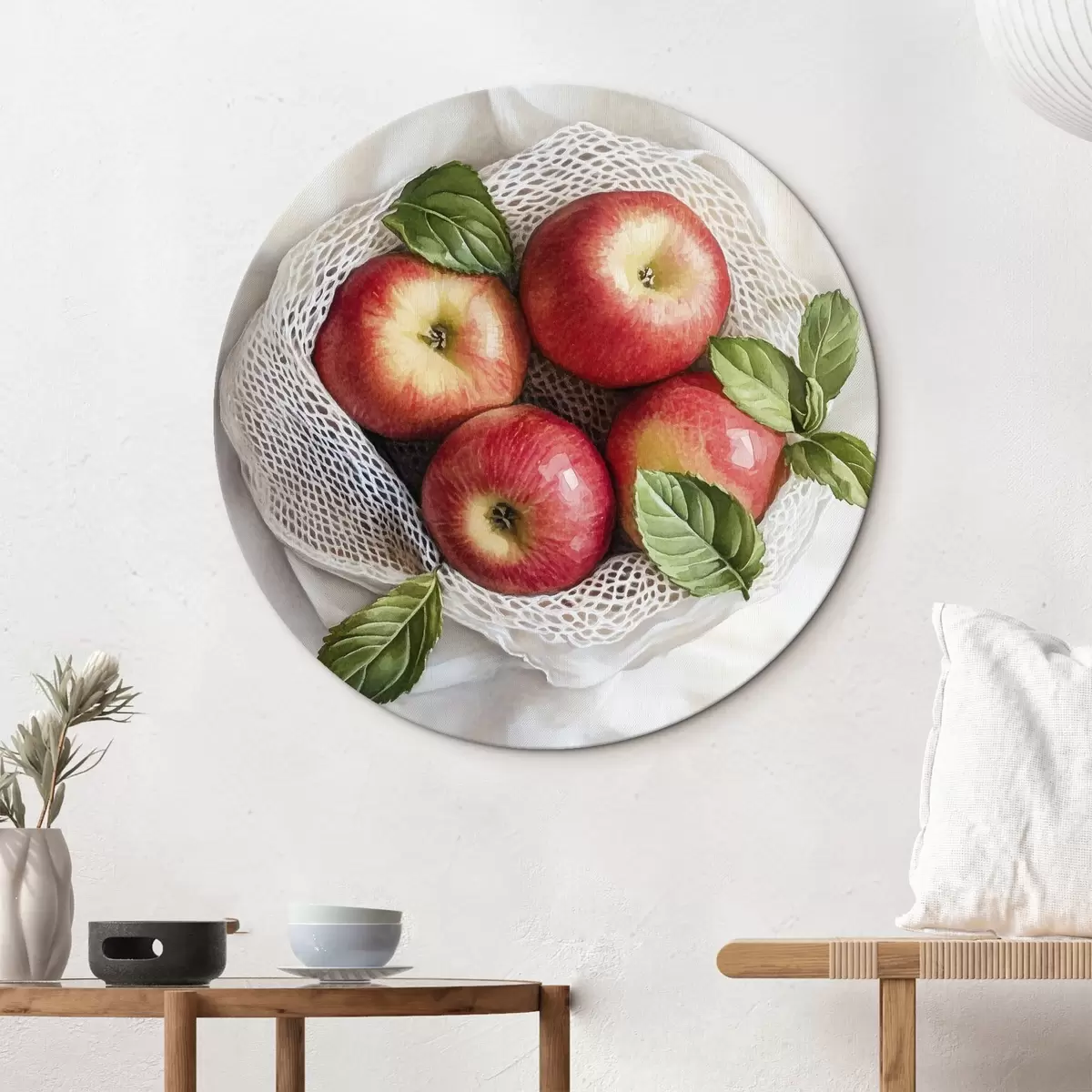 Quadri rotondi Mele rosse nel sacchetto di lino con foglie di menta, stile rustico, frutta r44609