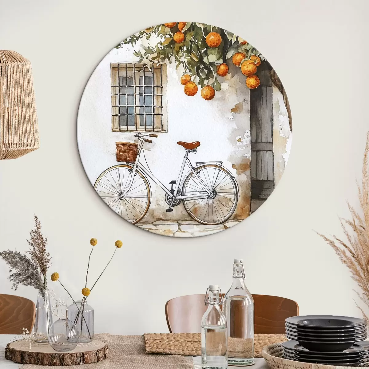 Quadri rotondi Casa bianca mediterranea con arancio e bicicletta r44610