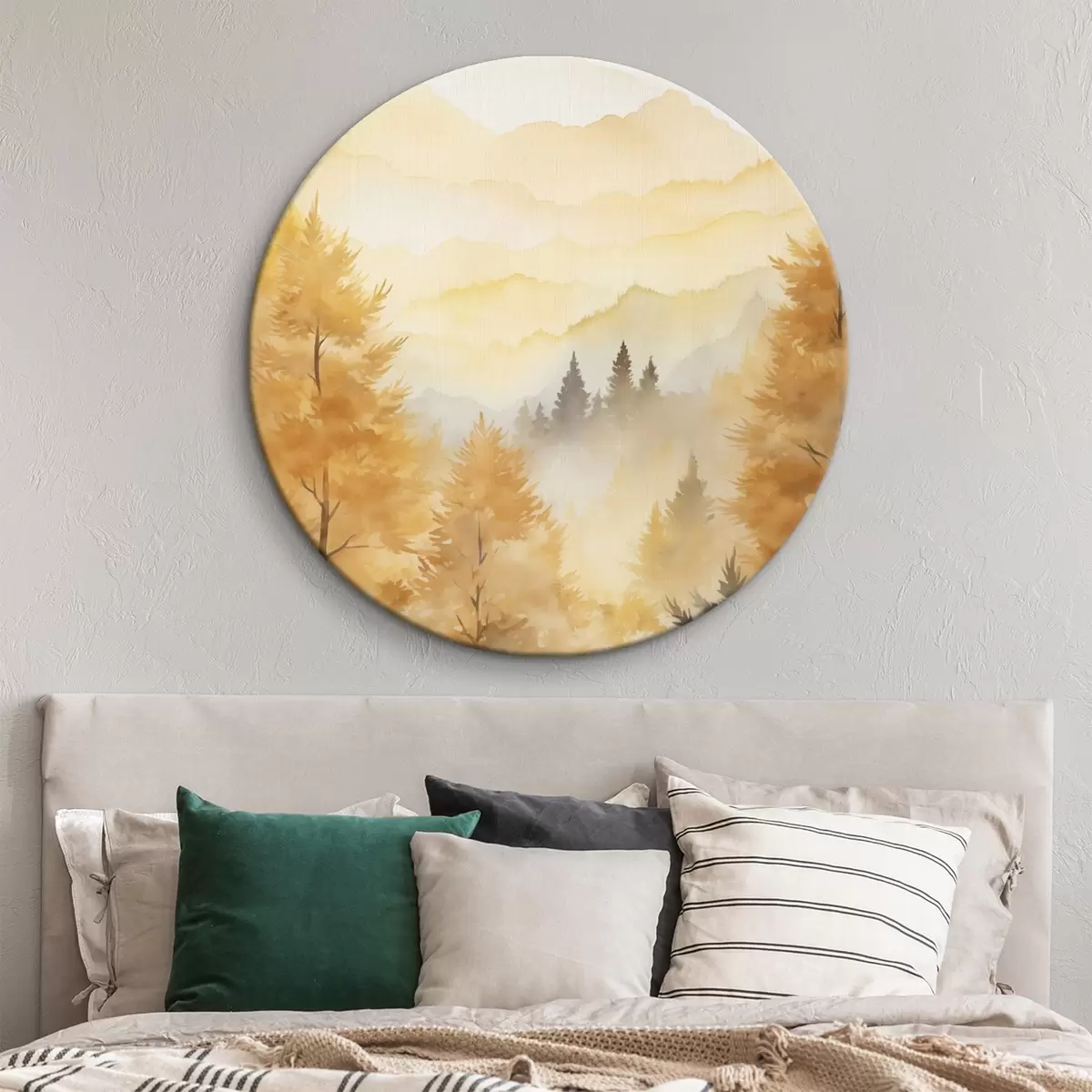 Quadri rotondi Bella foresta autunnale con montagne sullo sfondo r44614