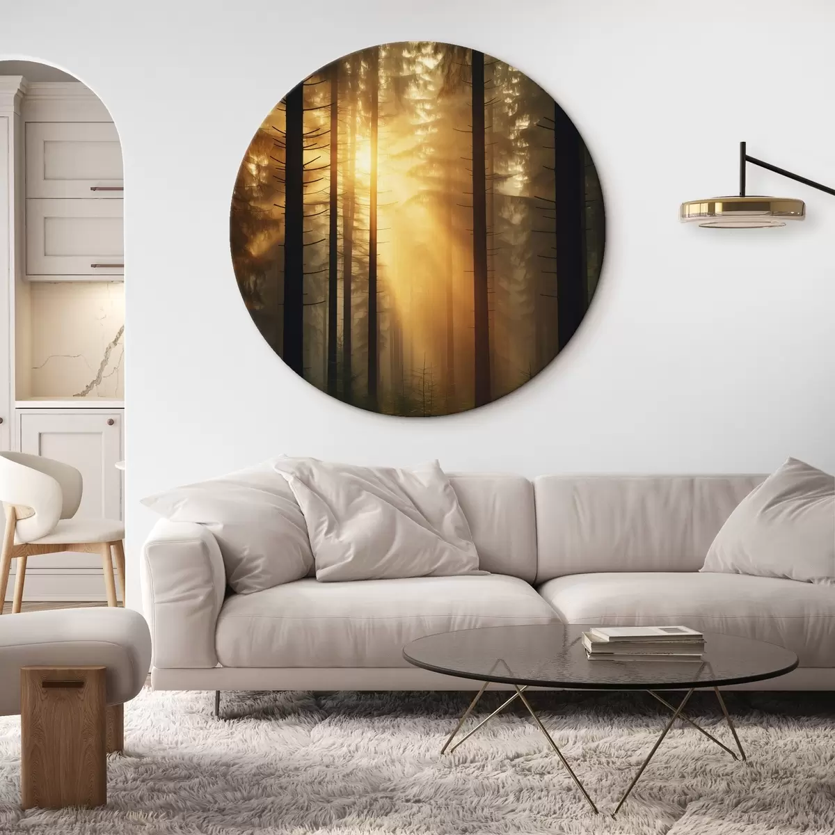 Quadri rotondi Fitta pineta con luce del tramonto, realismo, natura r44615