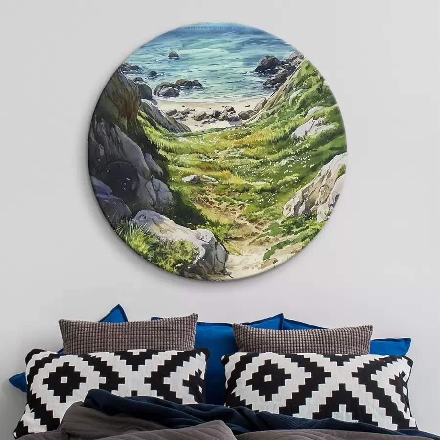 carta da parati Costa marina con rocce ed erba verde, stile acquerello, estate nr. r44616