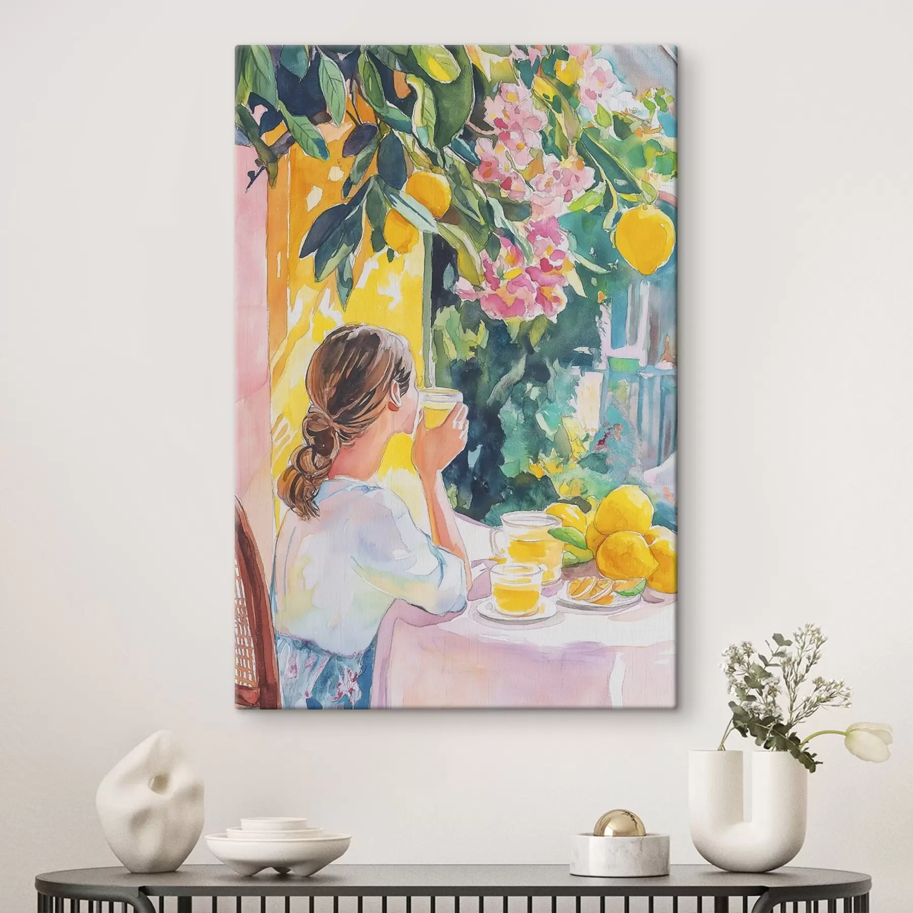 carta da parati Vibrazioni estive, ragazza al caffè, limoncello, Italia, stile acquerello nr. s44505