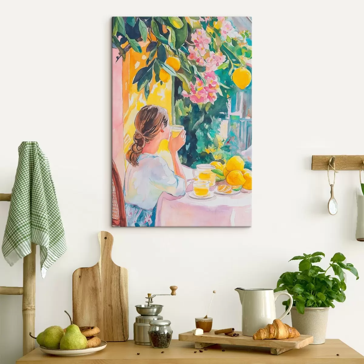 carta da parati Vibrazioni estive, ragazza al caffè, limoncello, Italia, stile acquerello nr. s44505