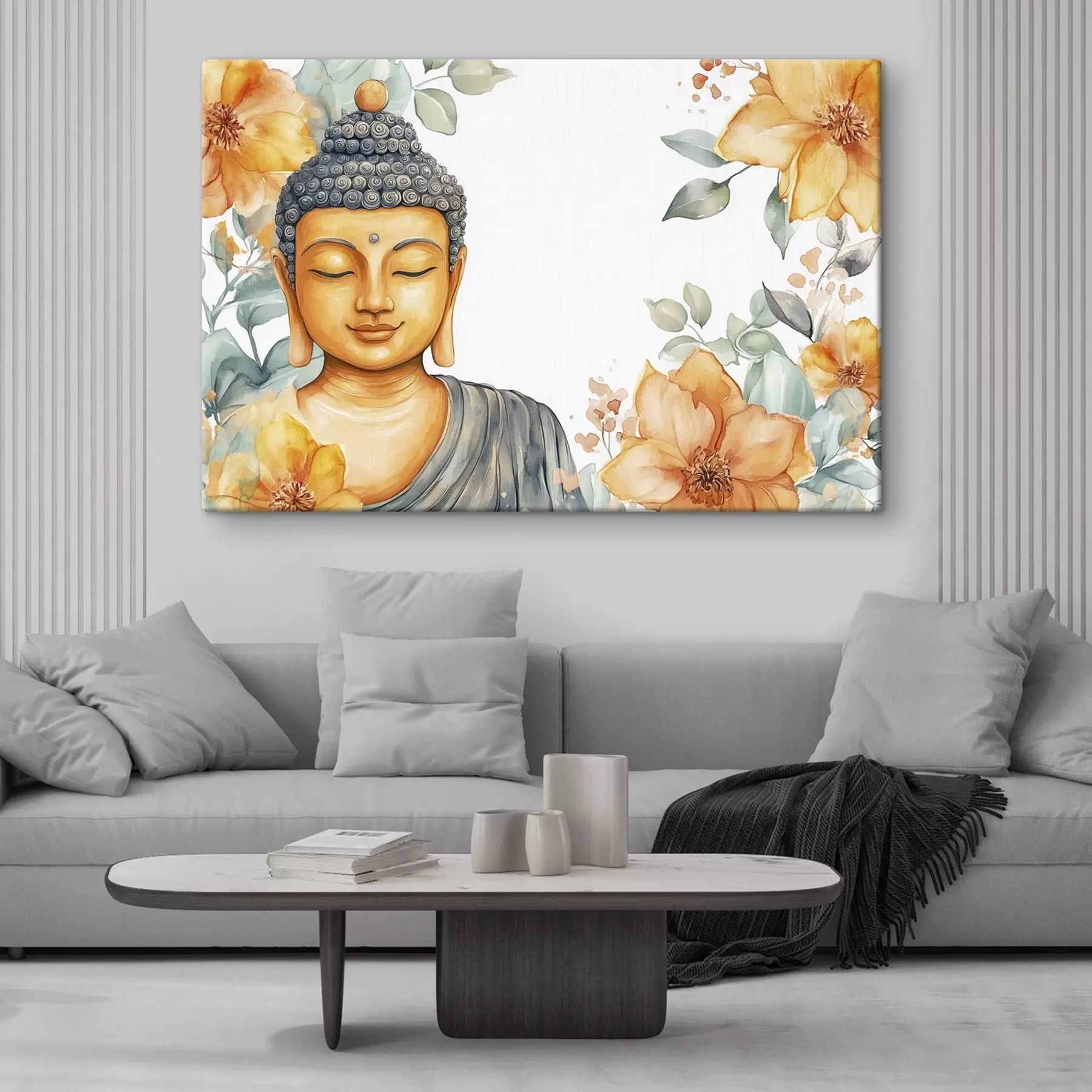 carta da parati Buddha circondato da fiori arancioni, stile acquerello nr. s44508