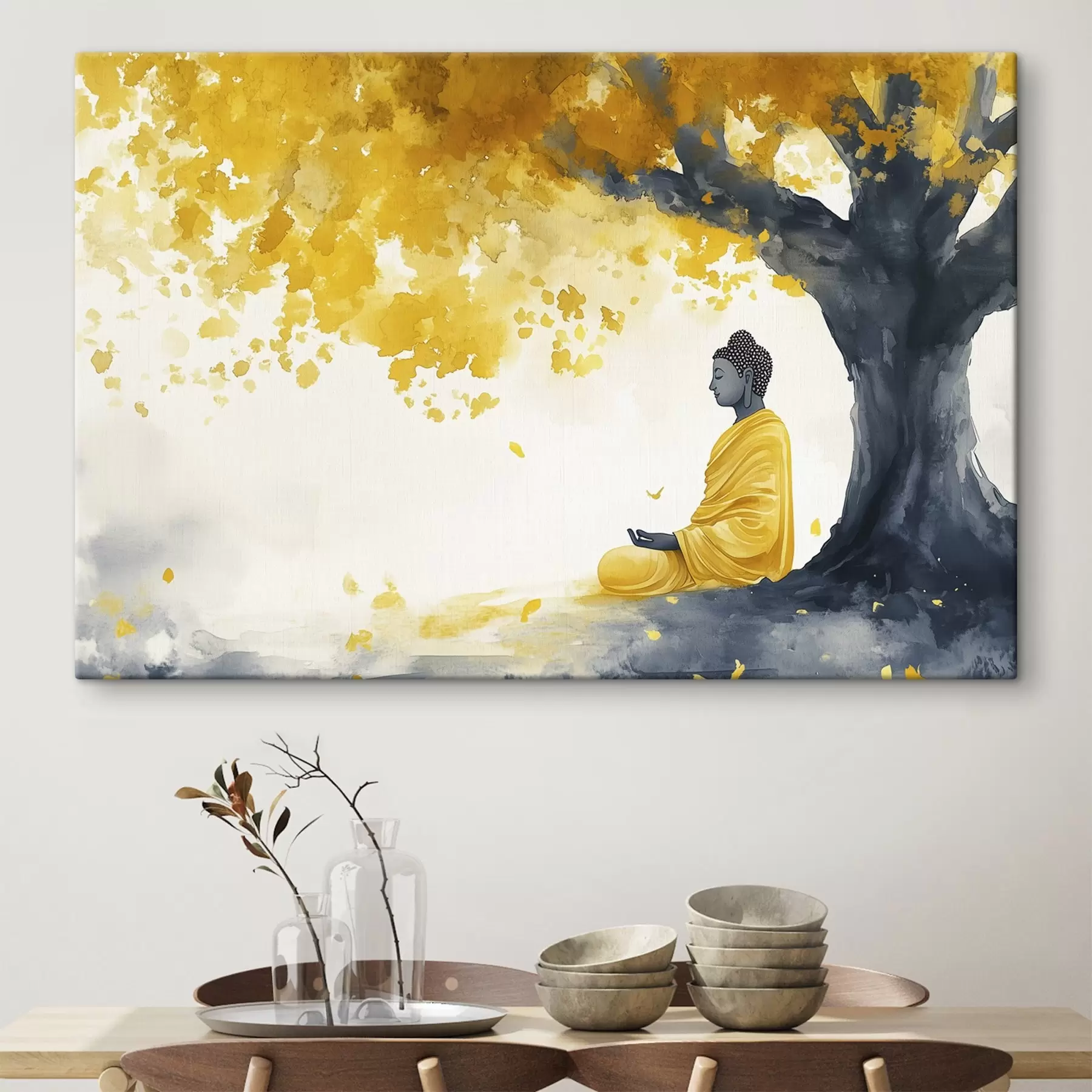 carta da parati Buddha in meditazione sotto l'albero, colori giallo e grigio nr. s44509