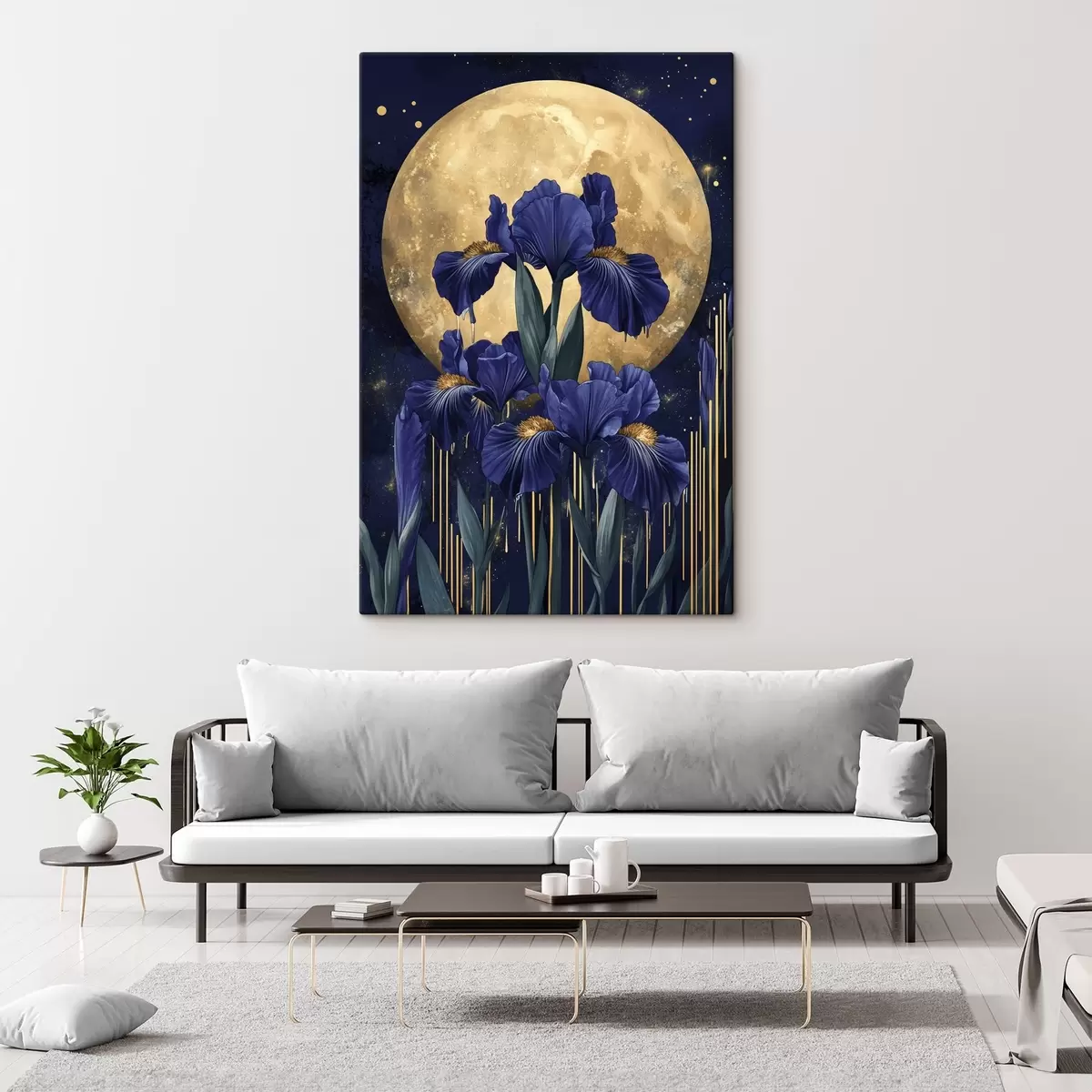 carta da parati Fiori di iris, luna splendente, cielo notturno, colori blu nr. s44510