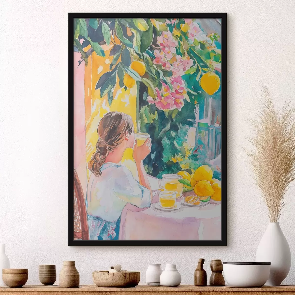 Poster Vibrazioni estive, ragazza al caffè, limoncello, Italia, stile acquerello f44505