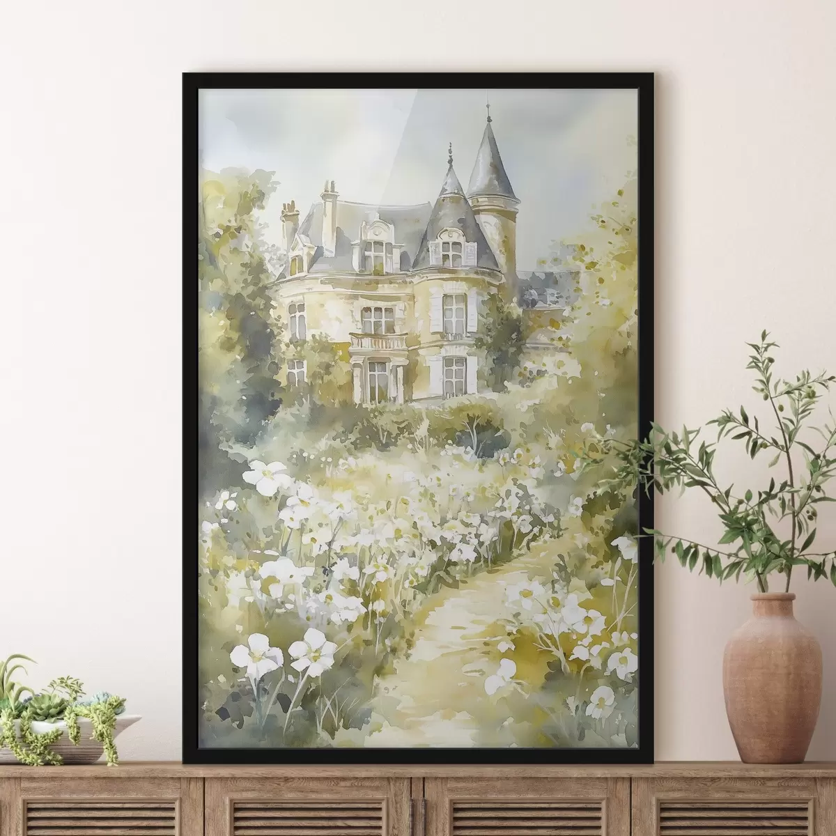 Poster Bellissimo castello con fiori verdi e bianchi, stile acquerello f44506