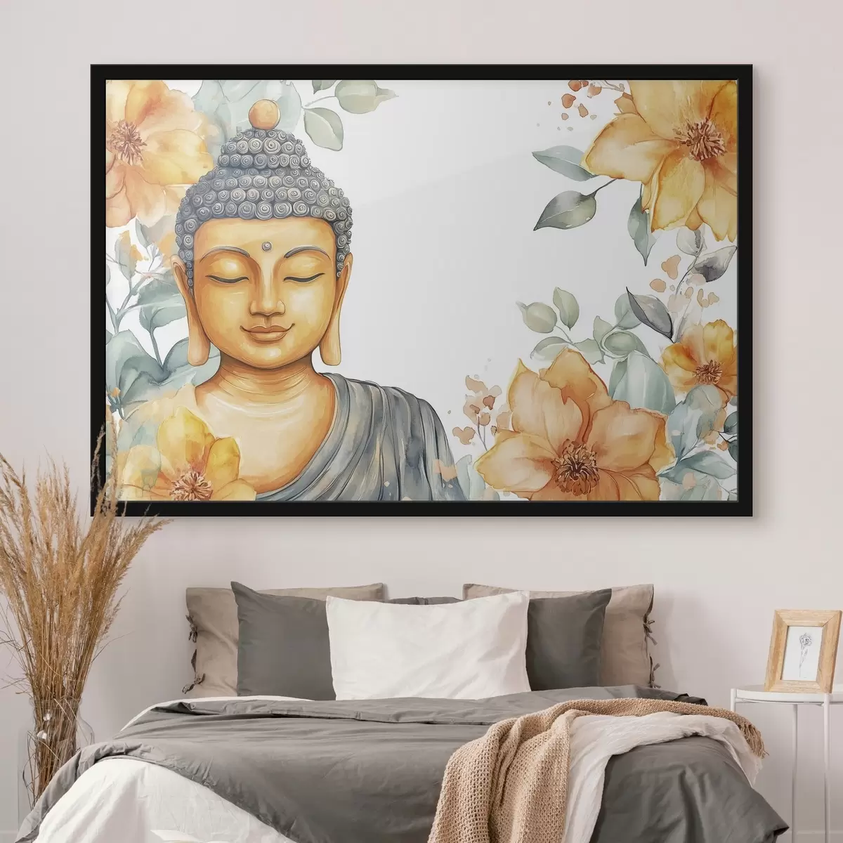 Poster Buddha circondato da fiori arancioni, stile acquerello f44508