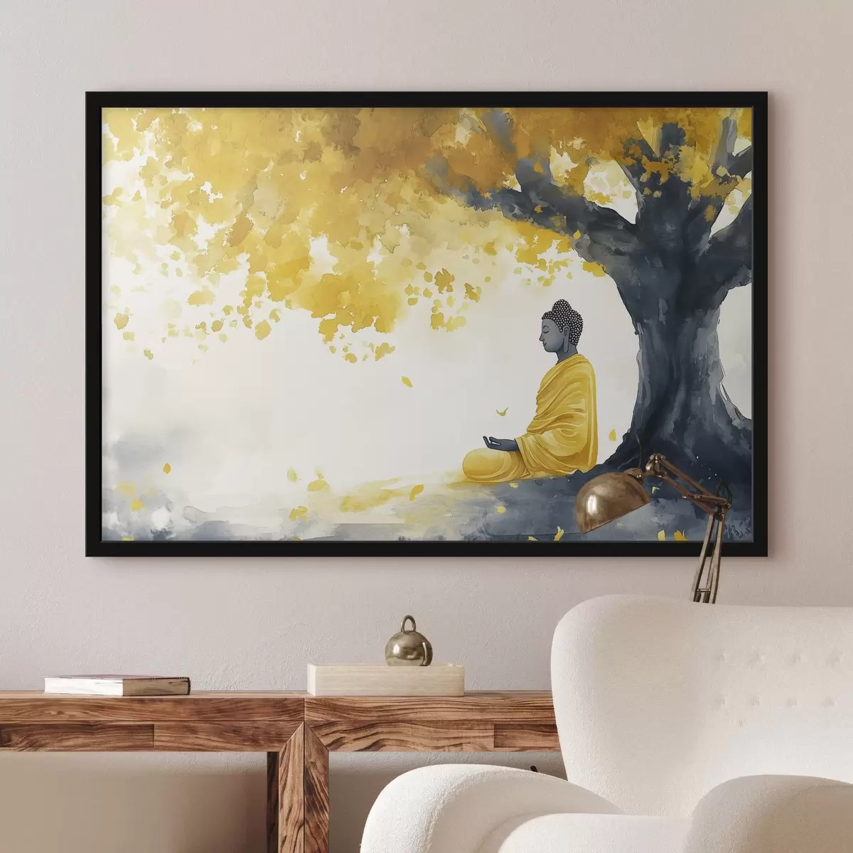 Poster Buddha in meditazione sotto l'albero, colori giallo e grigio f44509