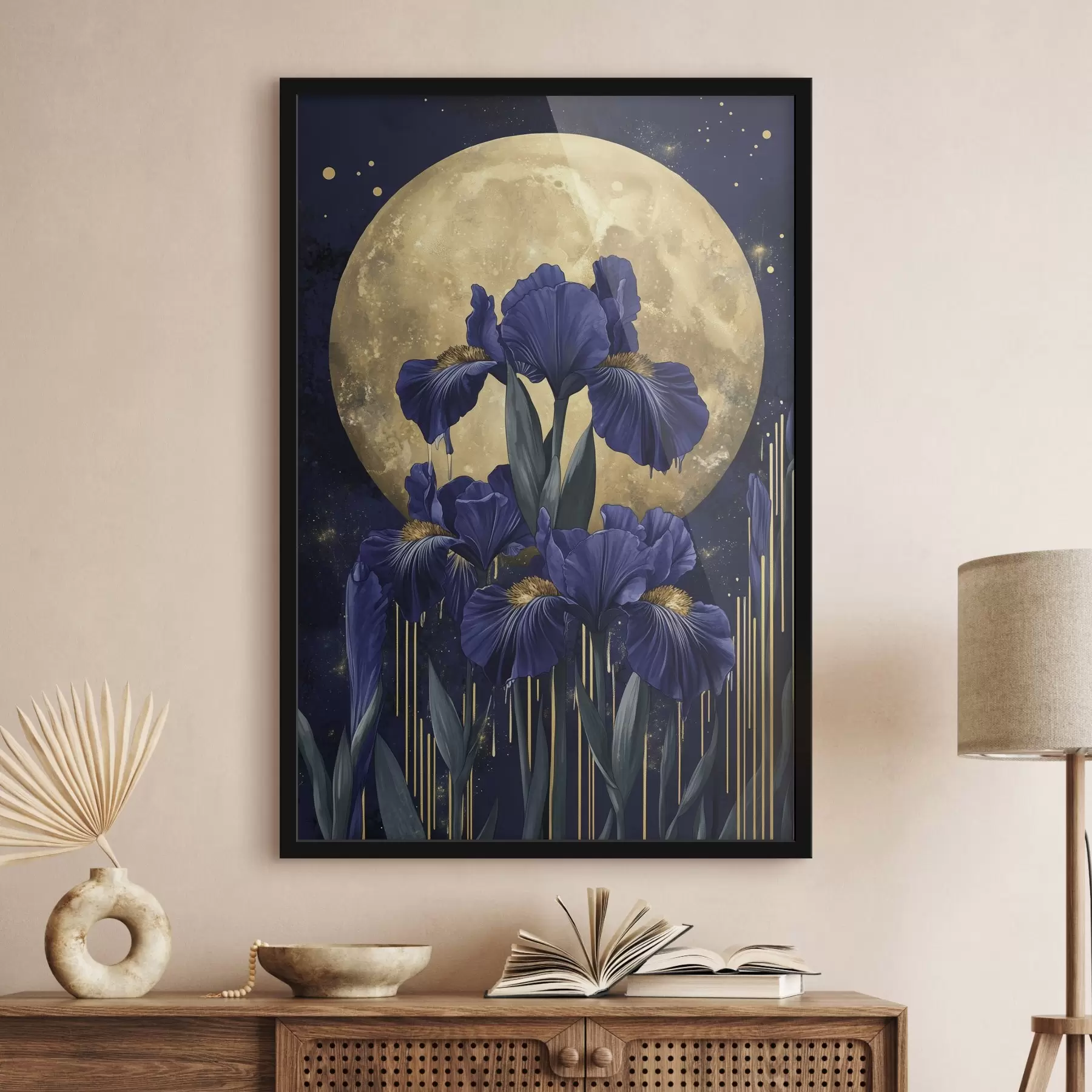 carta da parati Fiori di iris, luna splendente, cielo notturno, colori blu nr. f44510