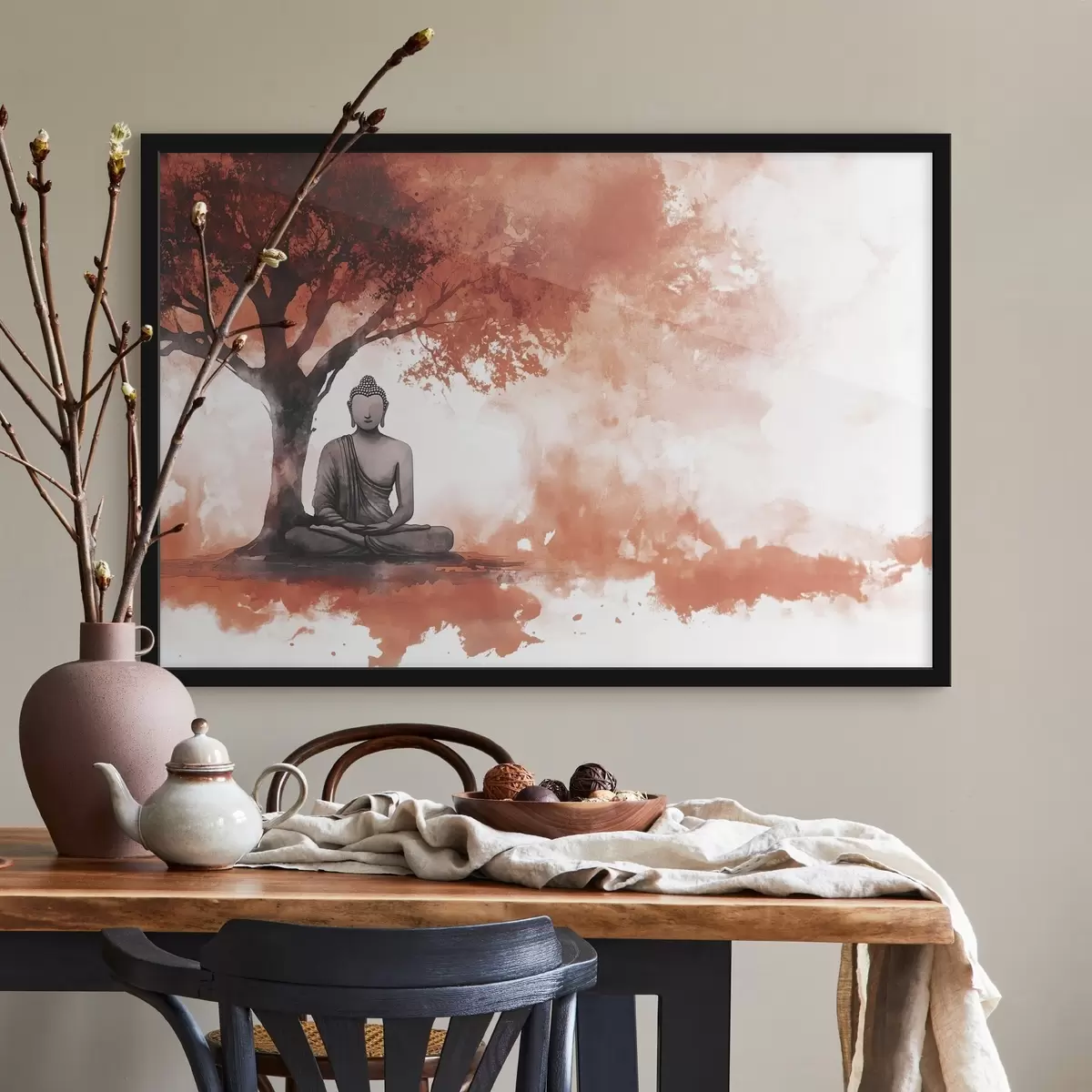 Poster Buddha seduto sotto l'albero, meditazione, spirituale, colori arancioni f44512