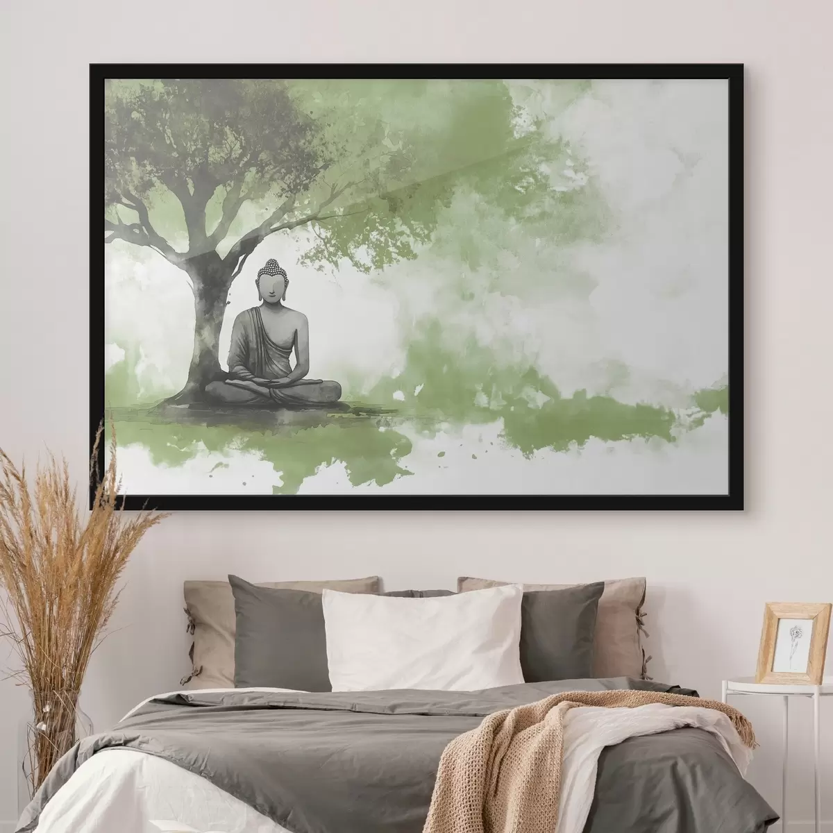 Poster Buddha seduto sotto l'albero, meditazione, spirituale, colori verdi f44512v1