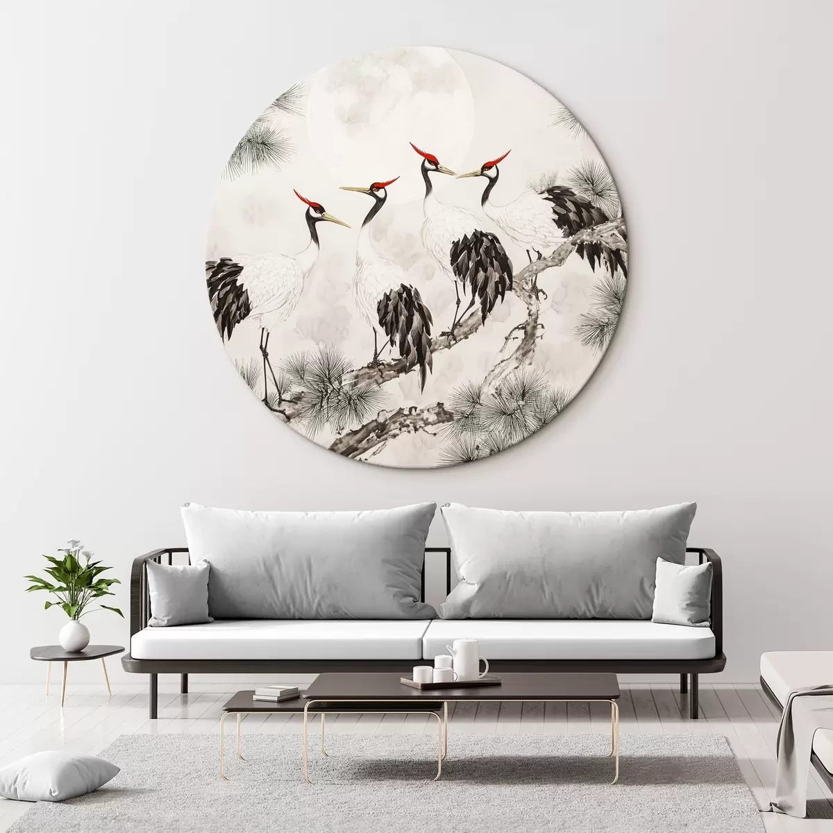 Quadri rotondi Arte cinese con gru e pini, stile orientale, natura r44503